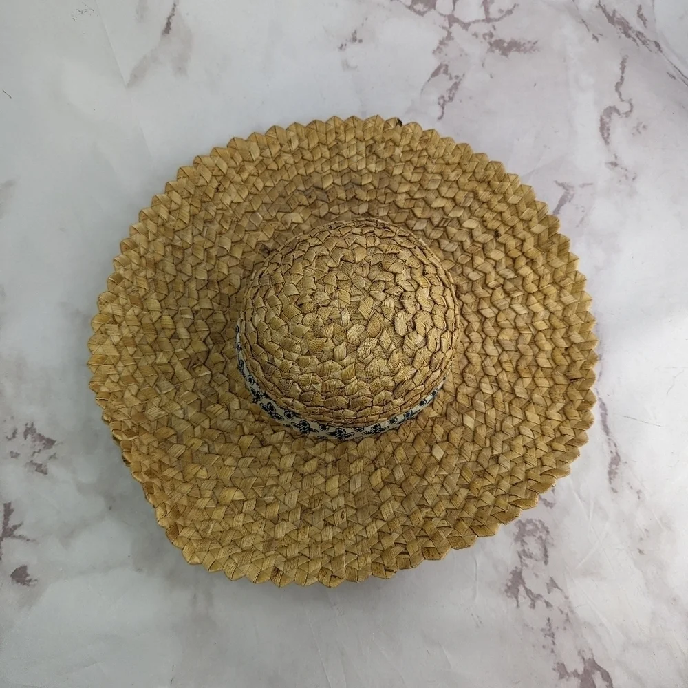 Vintage Hat Straw Sun Ladies Wide Brim Beach Shade Floppy Fabric Indego Africa - Picture 11 of 11